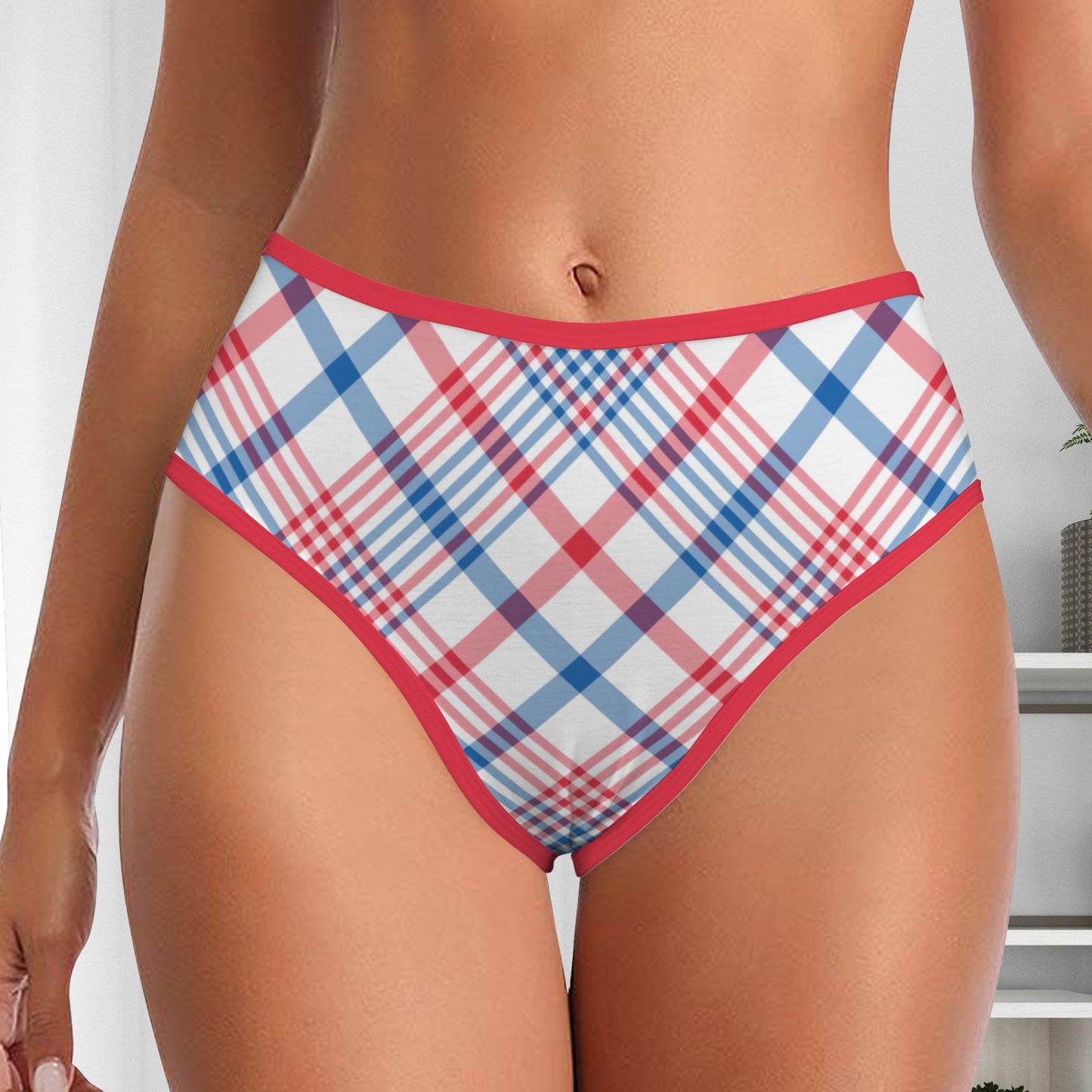 USA/American Flag Inspired Plaid Pattern Women's High Waisted Brief
