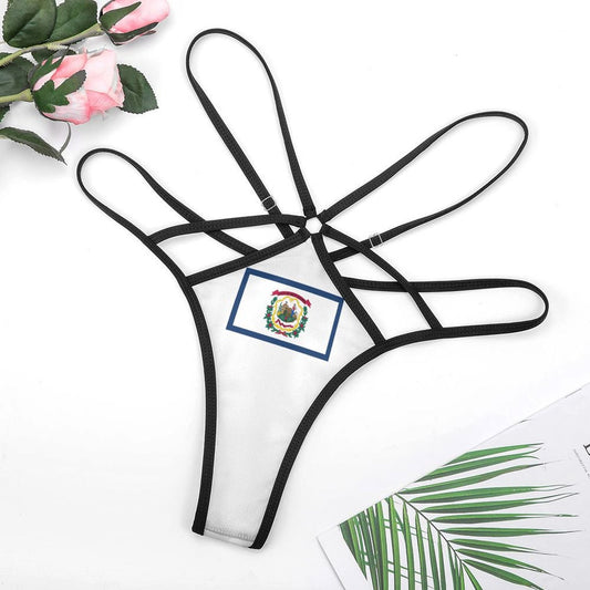 Black strappy thong with [Brand] design featuring colorful emblem.