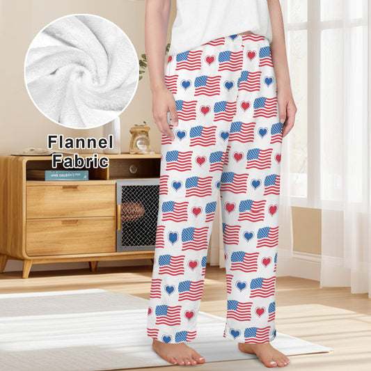 USA/American Flag Inspired Flag and Hearts Pattern Women's Flannel Pajama Trousers Made in the USA
