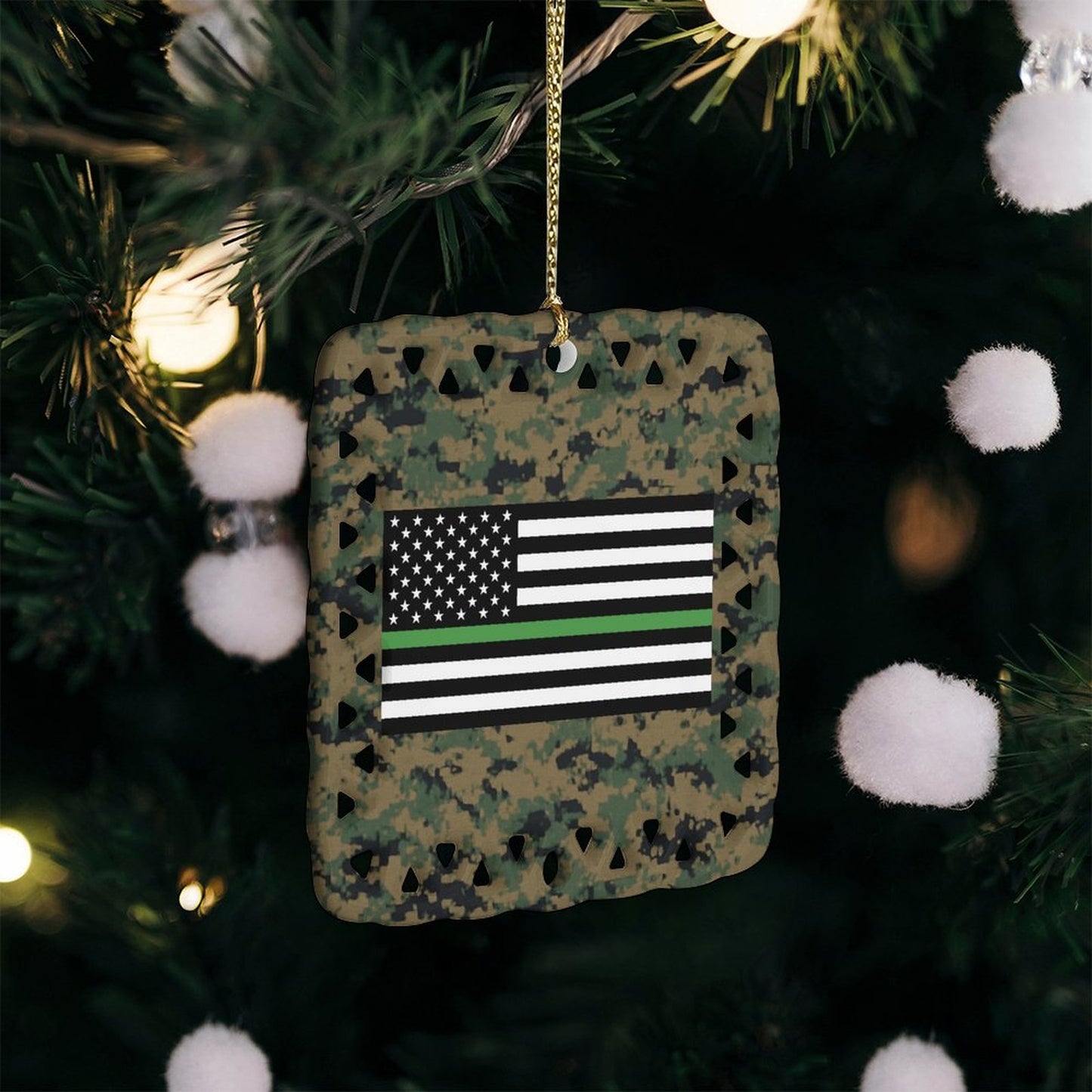 Thin Green Line Flag On Digital Camo Square Ceramic Ornament (Made in the USA)