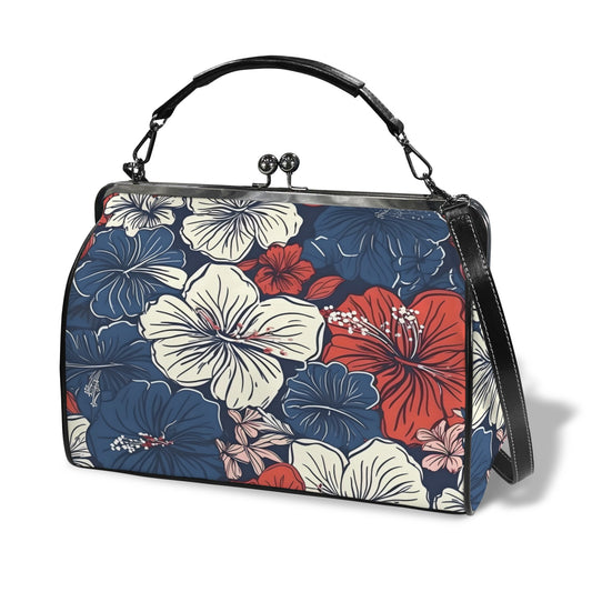 USA/American Flag Inspired Hawaiian Floral Pattern Kisslock Crossbody Shoulder Bag-Large