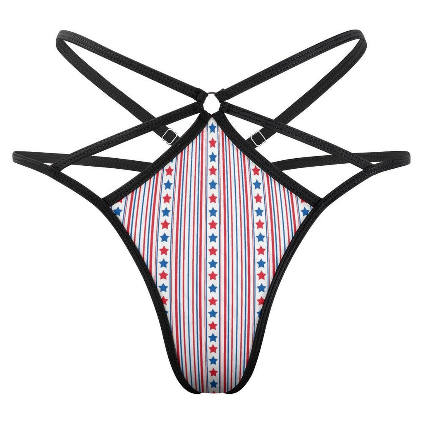 [Brand] underwear with black straps, American flag pattern.
