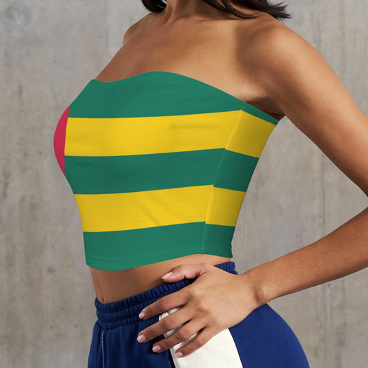 Woman wearing [Brand] strapless green and yellow striped top.