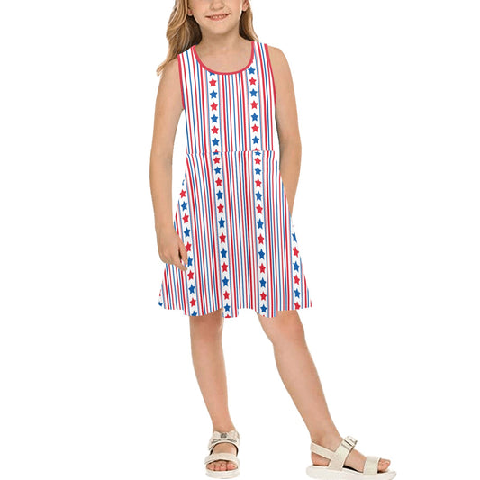 USA/American Flag Inspired Stars & Stripes Pattern Girls' Sleeveless Sundress | Ships from USA