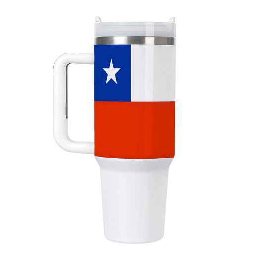 White travel mug with Chilean flag design, [Brand].