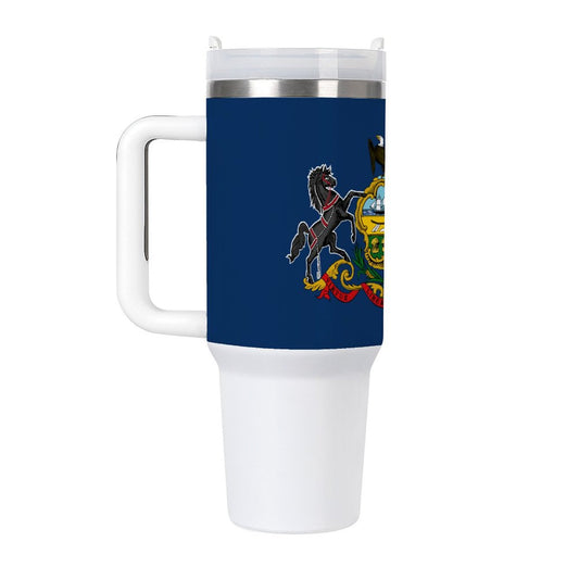 White travel mug featuring Pennsylvania flag by [Brand].