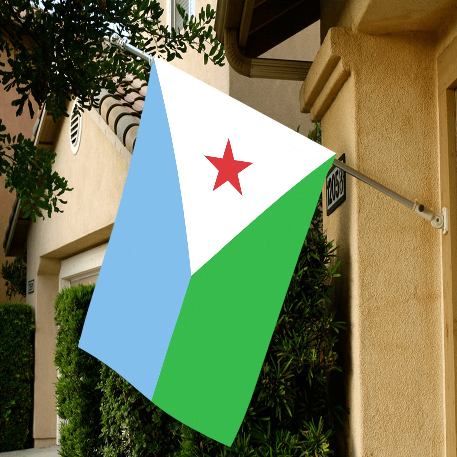 [Luv My Flag] flag displayed outside a beige house.