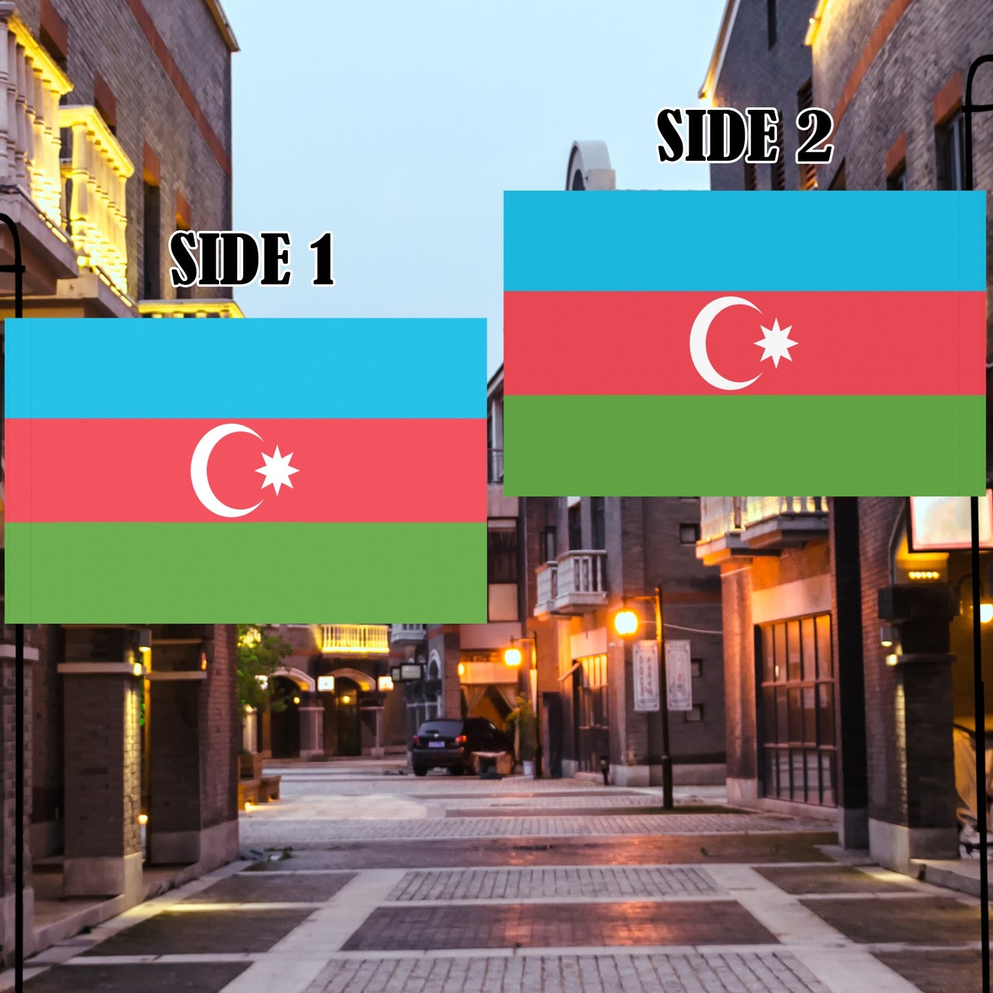 [Luv My Flag] Azerbaijani flags displayed on illuminated street.