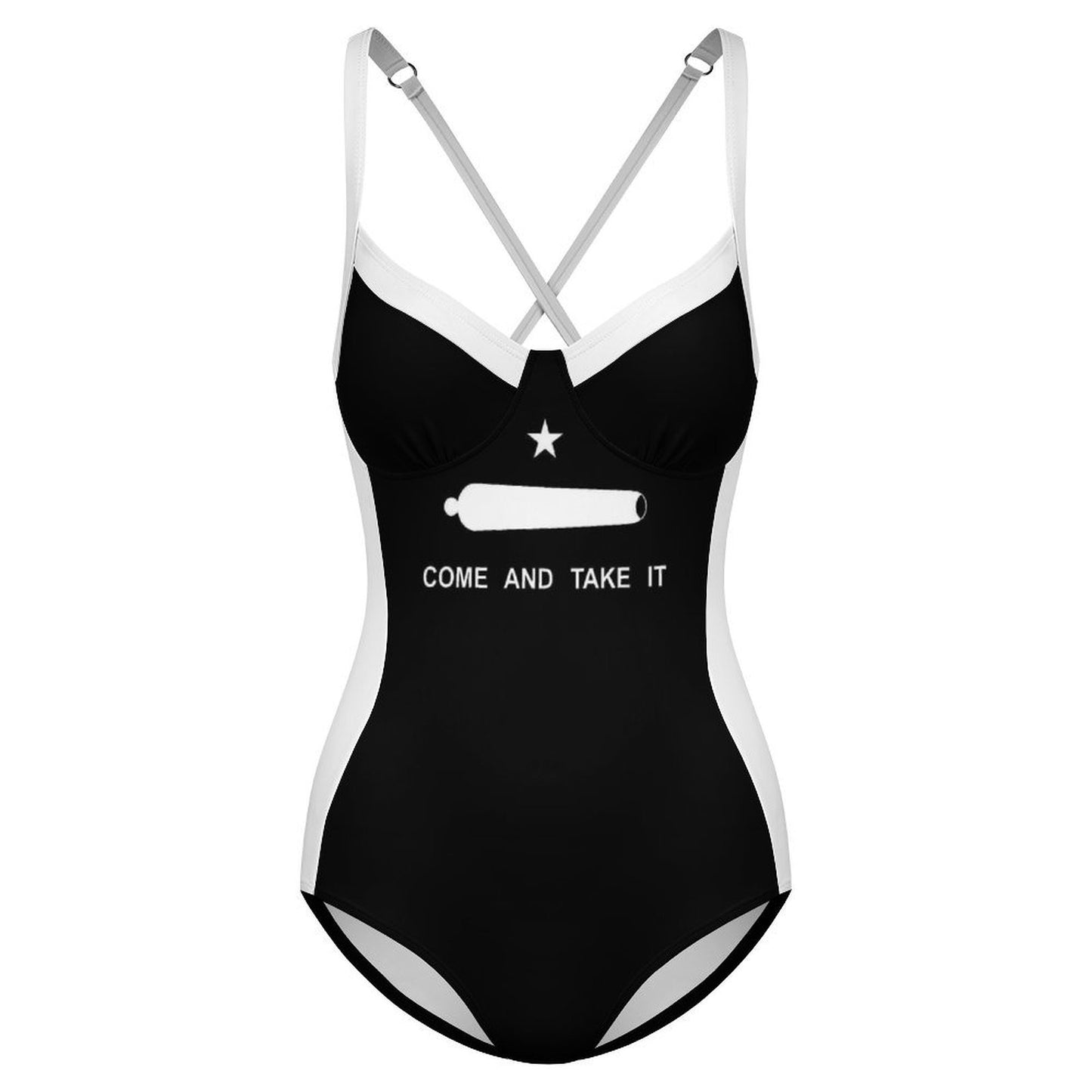Come and Take It Flag Inspired Criss Cross Back One Piece Swimsuit