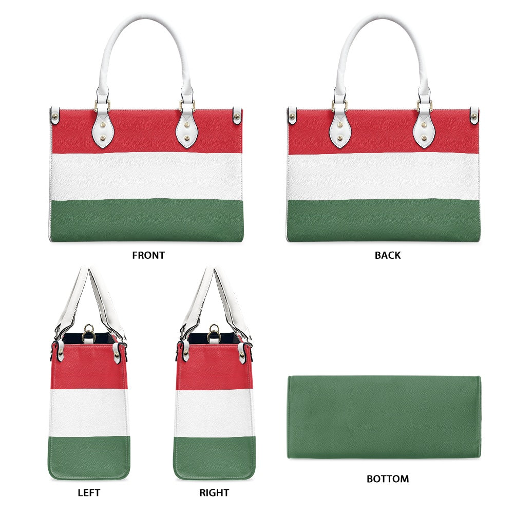 [Brand] handbag with red, white, green stripes, various angles.