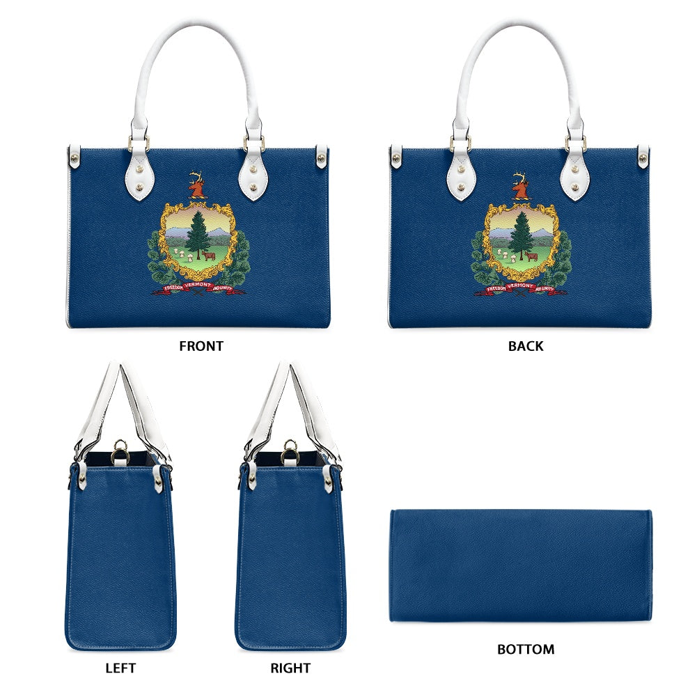 Blue handbag with Vermont emblem, white handles, five angles, [Brand].
