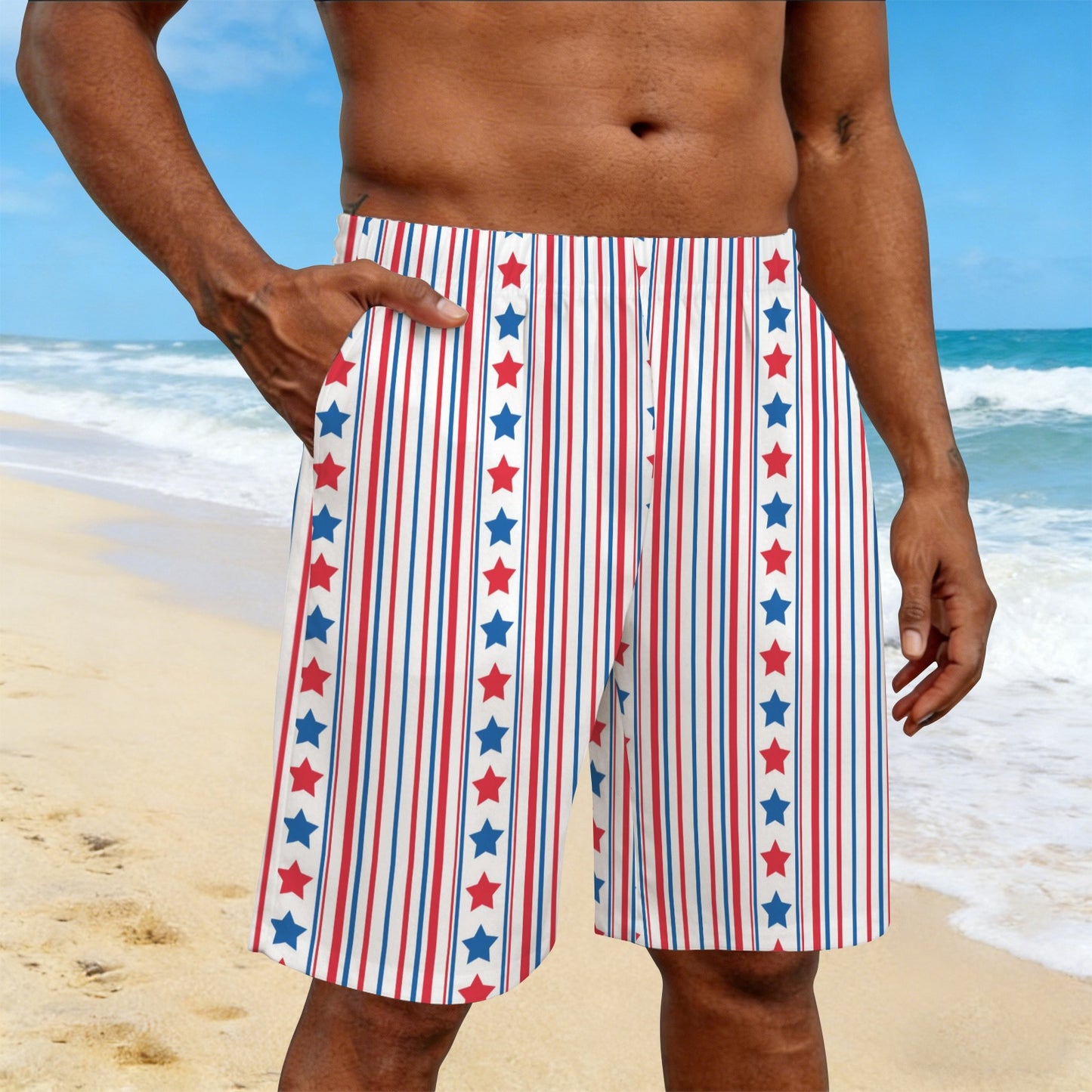 USA/American Flag Inspired Stars & Stripes Pattern Men’s Draw String Pocket Beach Shorts Printed in the USA
