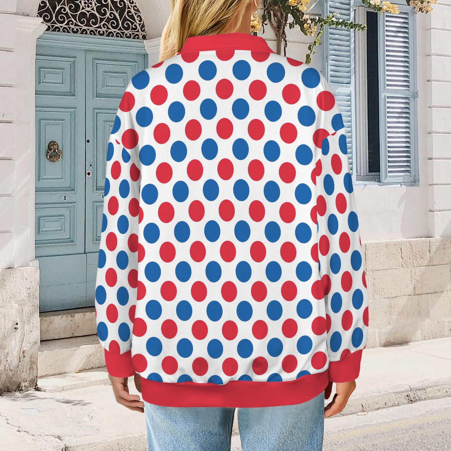 USA/American Flag Polka Dot Pattern Women's Quarter Zip Pullover Sweatshirt