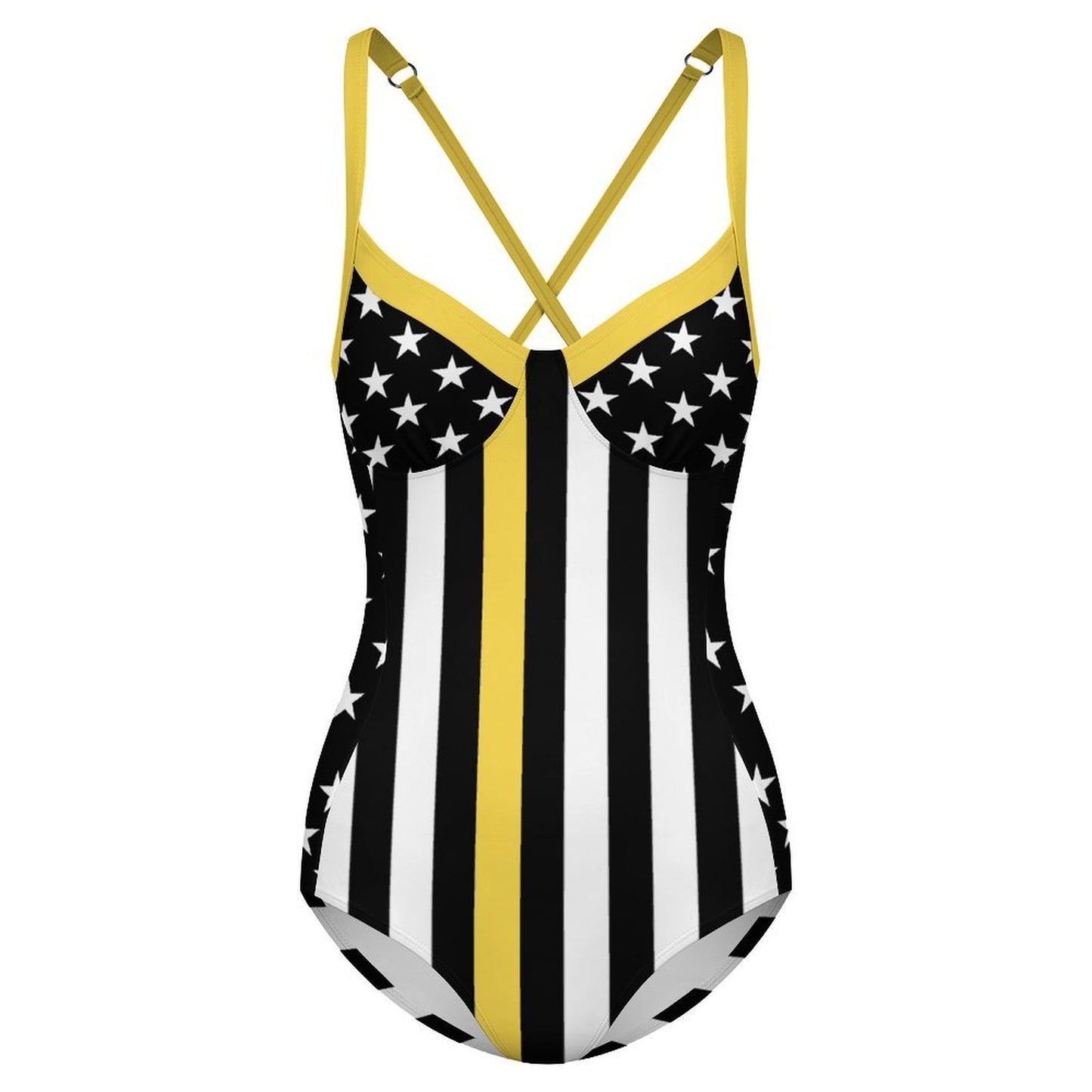 Thin Gold Line Flag Inspired Criss Cross Back One Piece Swimsuit