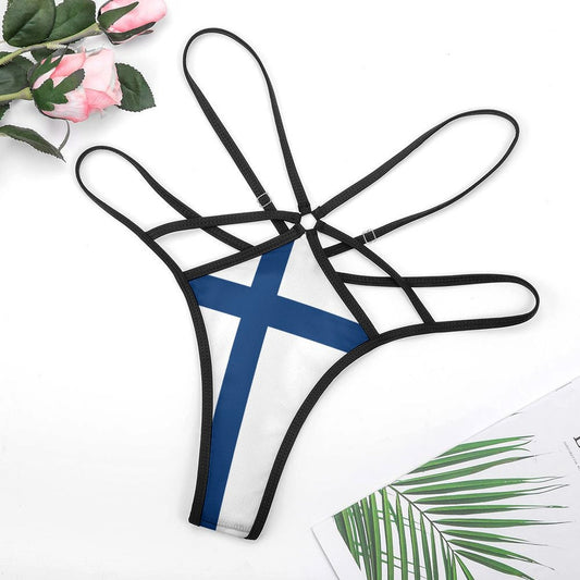 Black strappy lingerie with flag design, [Brand] branding visible.