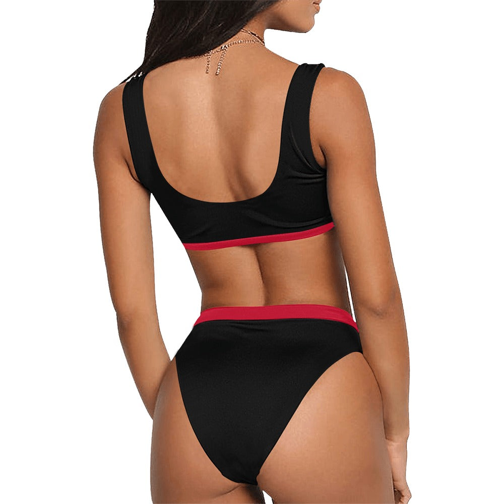 Thin Red Line Flag Inspired Style-2 Sport Top & High-Waisted Bikini Swimsuit