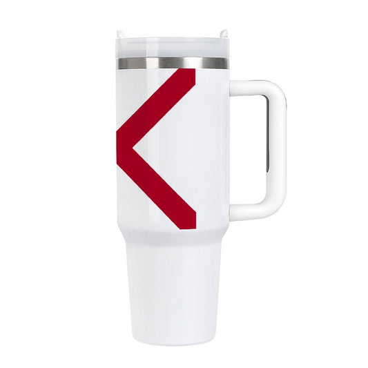 Red arrow design travel mug, [Brand]. White and silver.