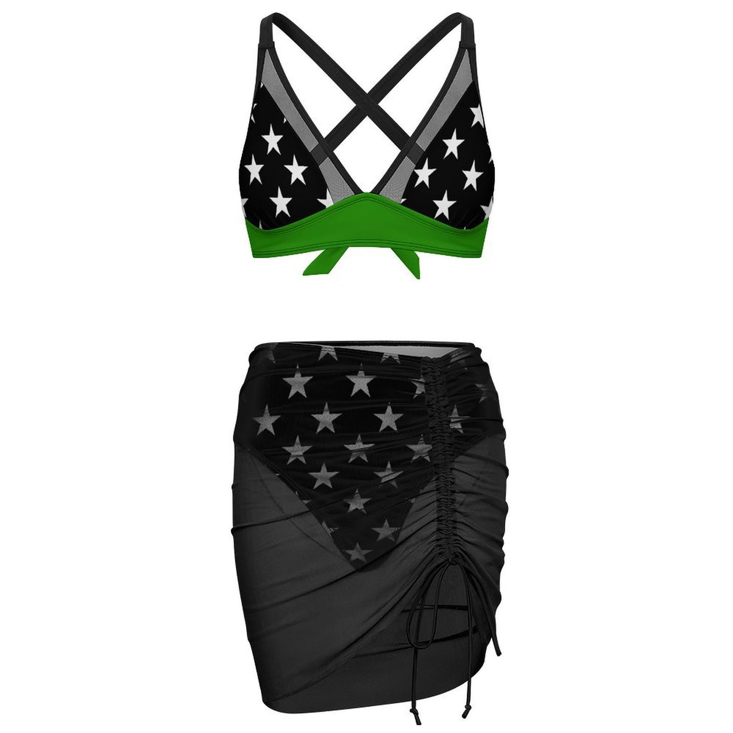 Thin Green Line Flag Inspired Style-2 Women's Mesh Drawstring Skirt and Swimsuit Set