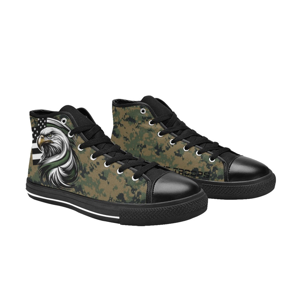 Thin Green Line Flag Inspired Eagle on Digital Camo Kid's High Top Canvas Shoes