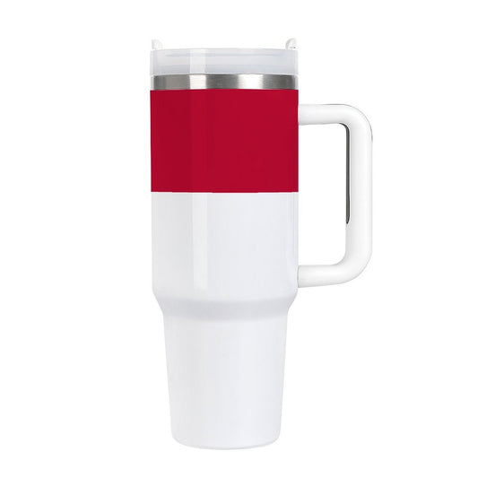 Red and white travel mug with handle from [Brand].