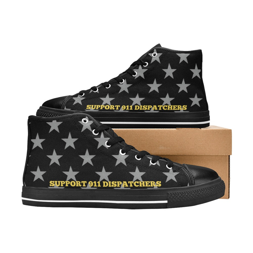 Thin Gold Line Flag Inspired "SUPPORT 911 DISPATCHERS" Kid's High Top Canvas Shoes