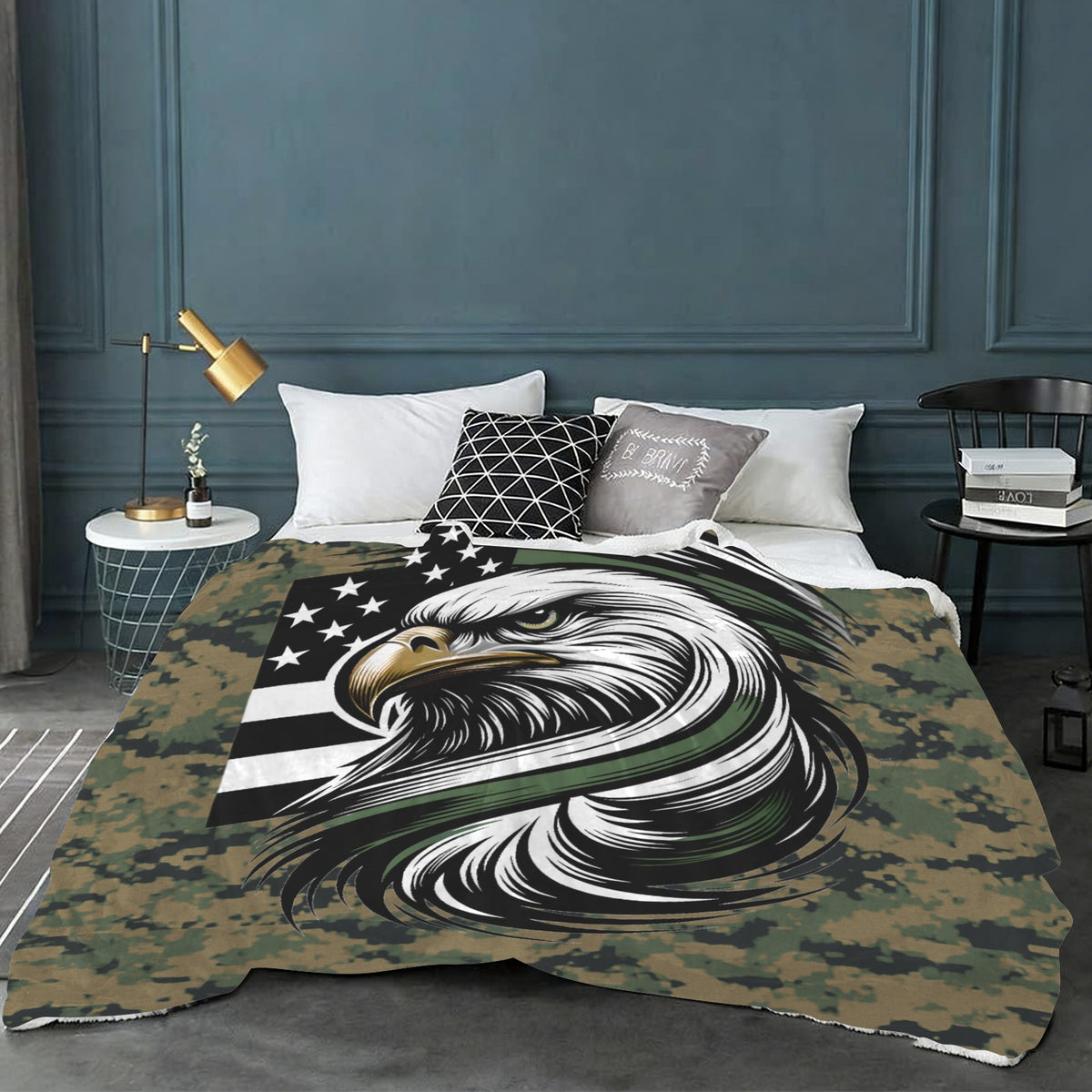 Thin Green Line Flag Inspired Eagle on Digital Camo Sherpa Fleece Blanket 90" x 108" | Prtinted in the USA