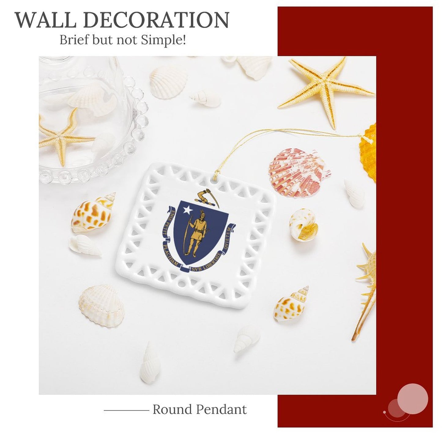 Massachusetts Flag Inspired Square Ceramic Ornament Made in the USA