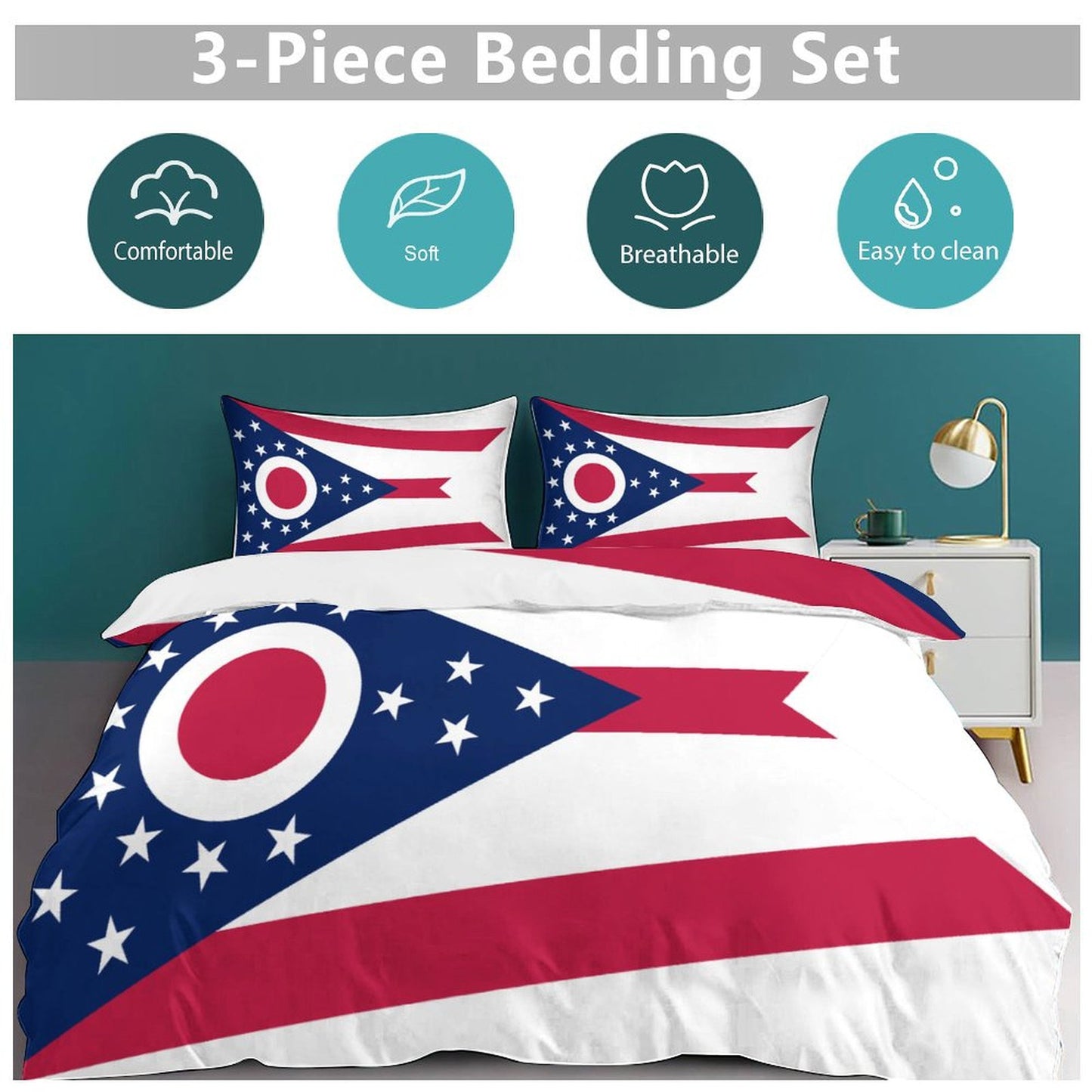 Ohio Flag Inspired 3-Piece Bedding Set (1 Duvet Cover + 2 Pillow Shams) – 102"×90"