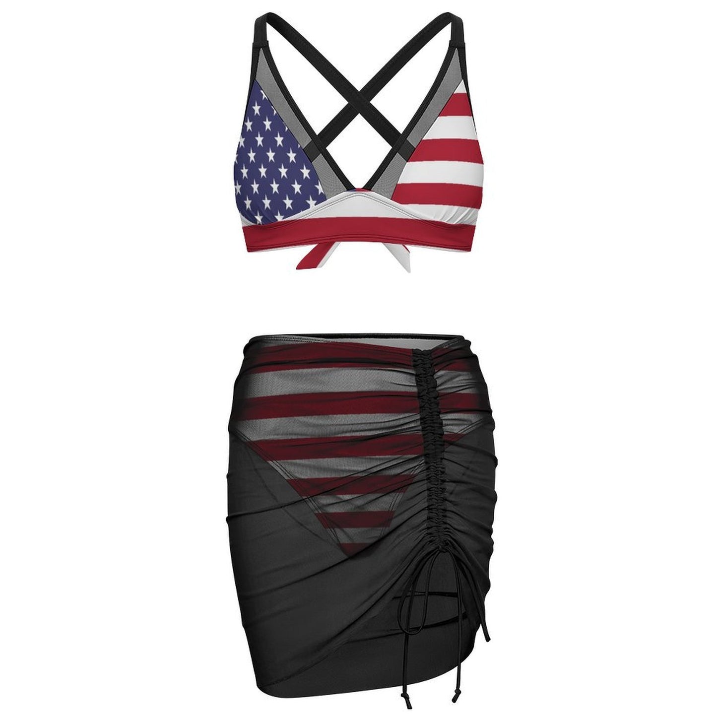 USA/American Flag Inspired Women's Mesh Drawstring Skirt and Swimsuit Set