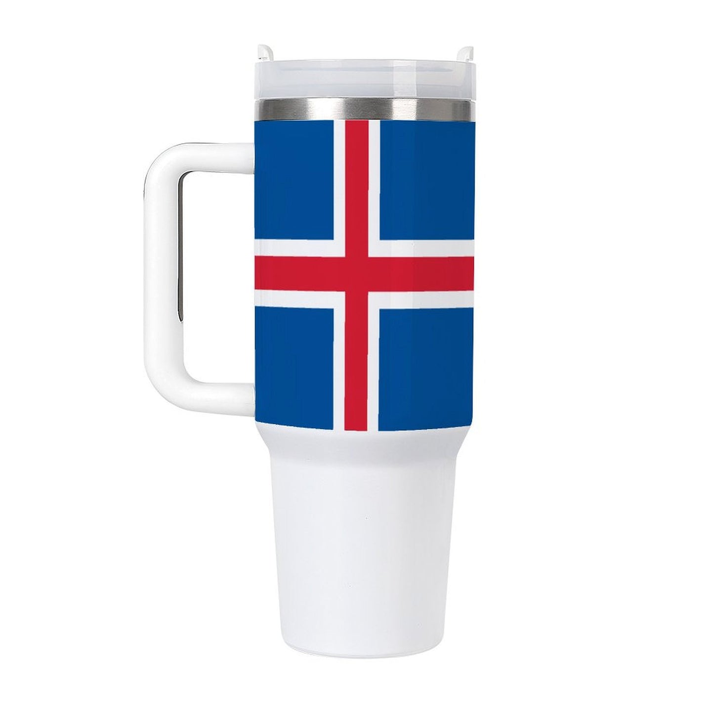 [Brand] travel mug featuring Iceland flag design, white handle.