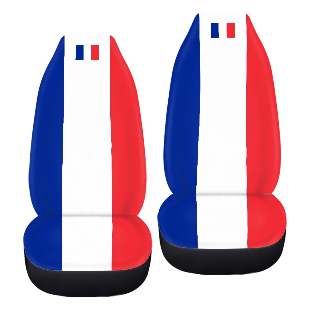 [Brand] car seat covers with blue, white, red stripes.