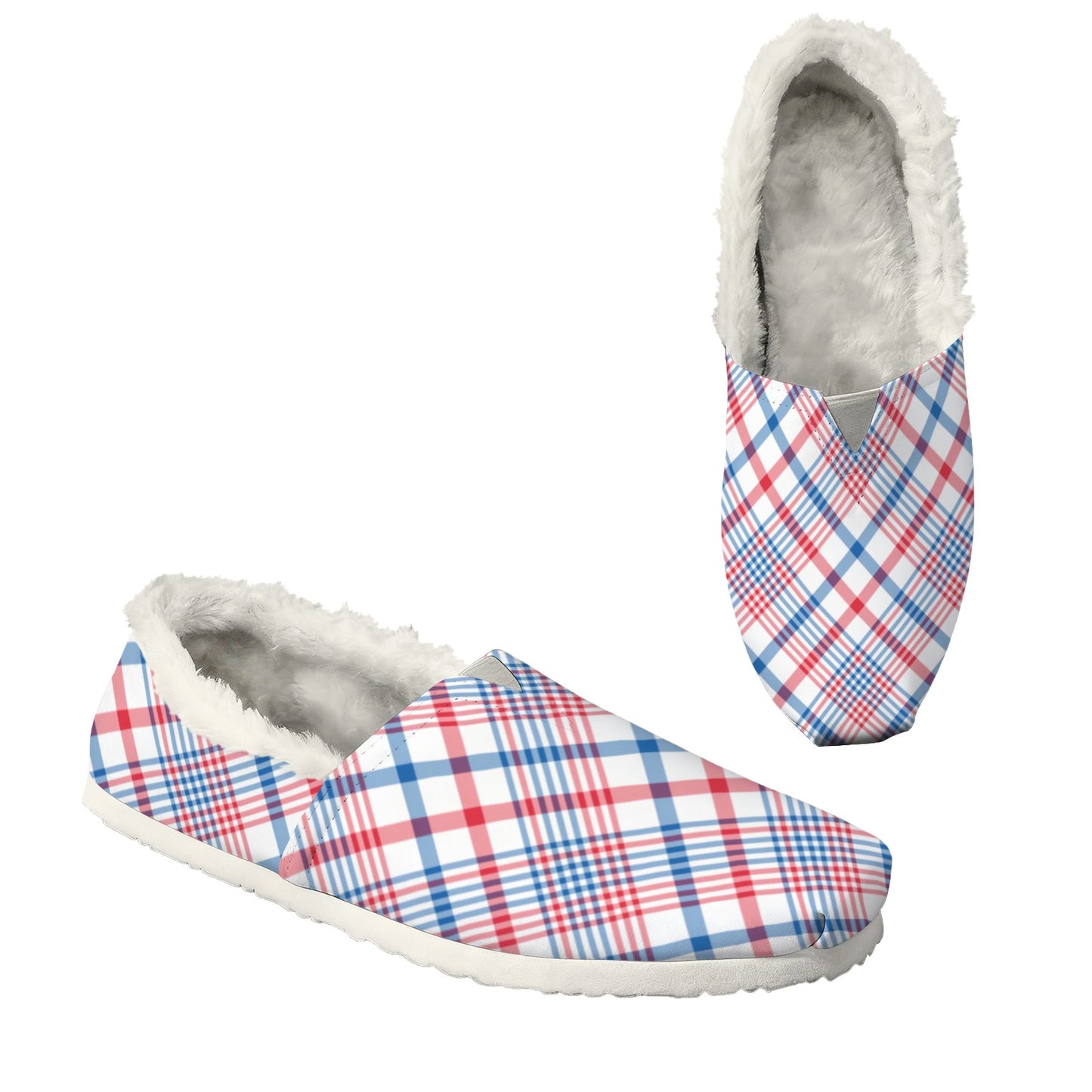 USA/American Flag Inspired Plaid Pattern Women's Fleece-Lined Canvas Slip-On