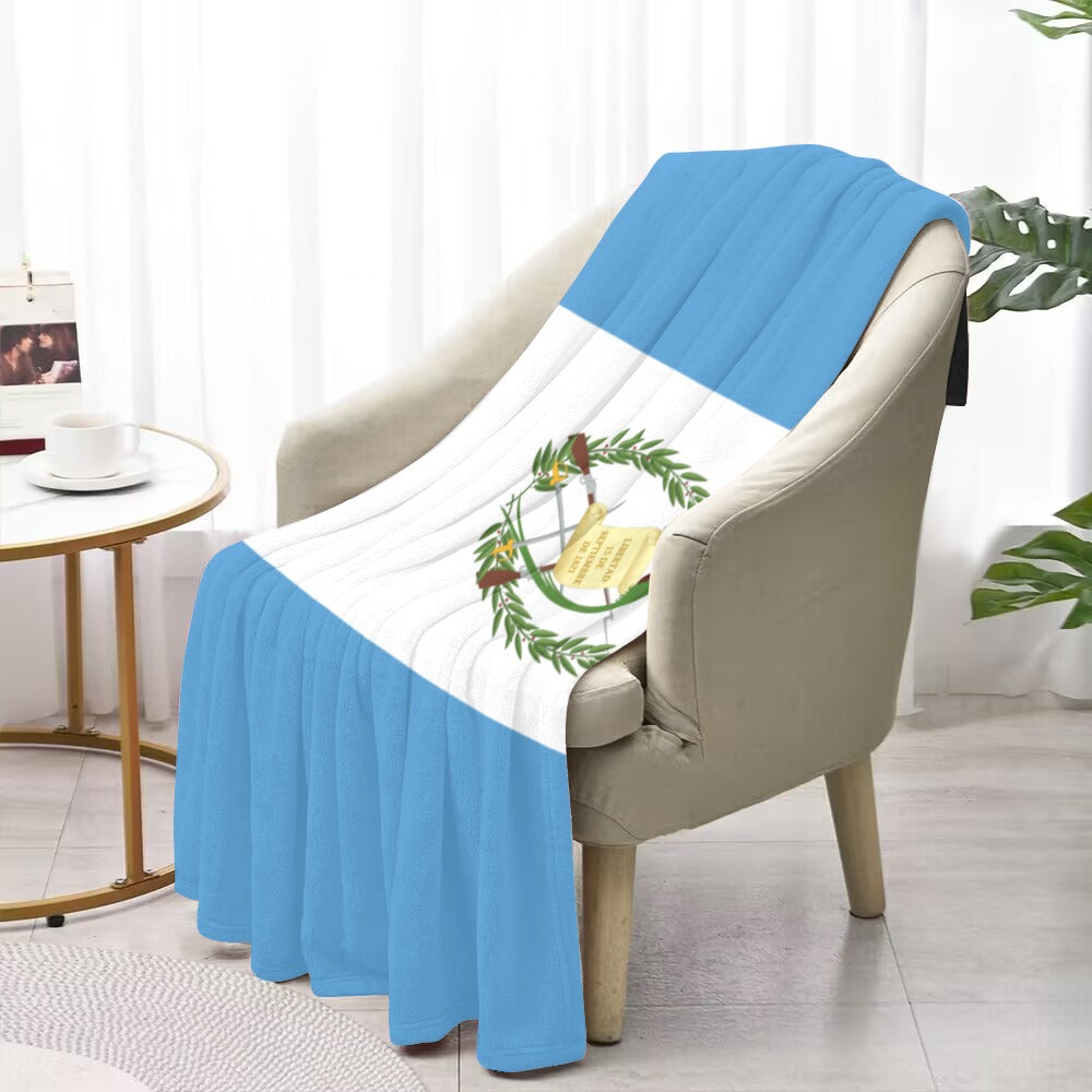 Luv My Flag blanket with blue and white design.