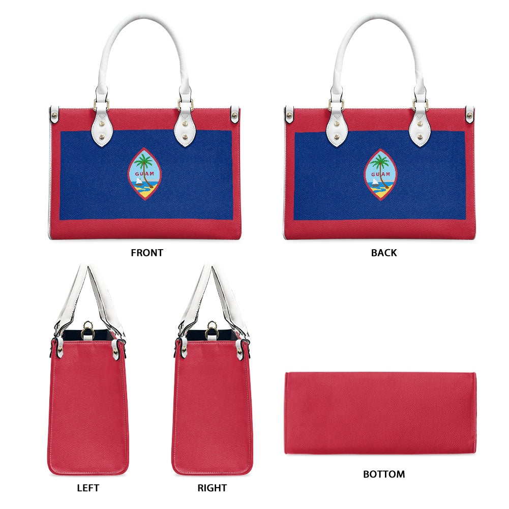Red and blue handbag featuring [Brand] with multiple views.