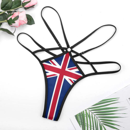 Union Jack thong with black straps by [Brand] displayed.
