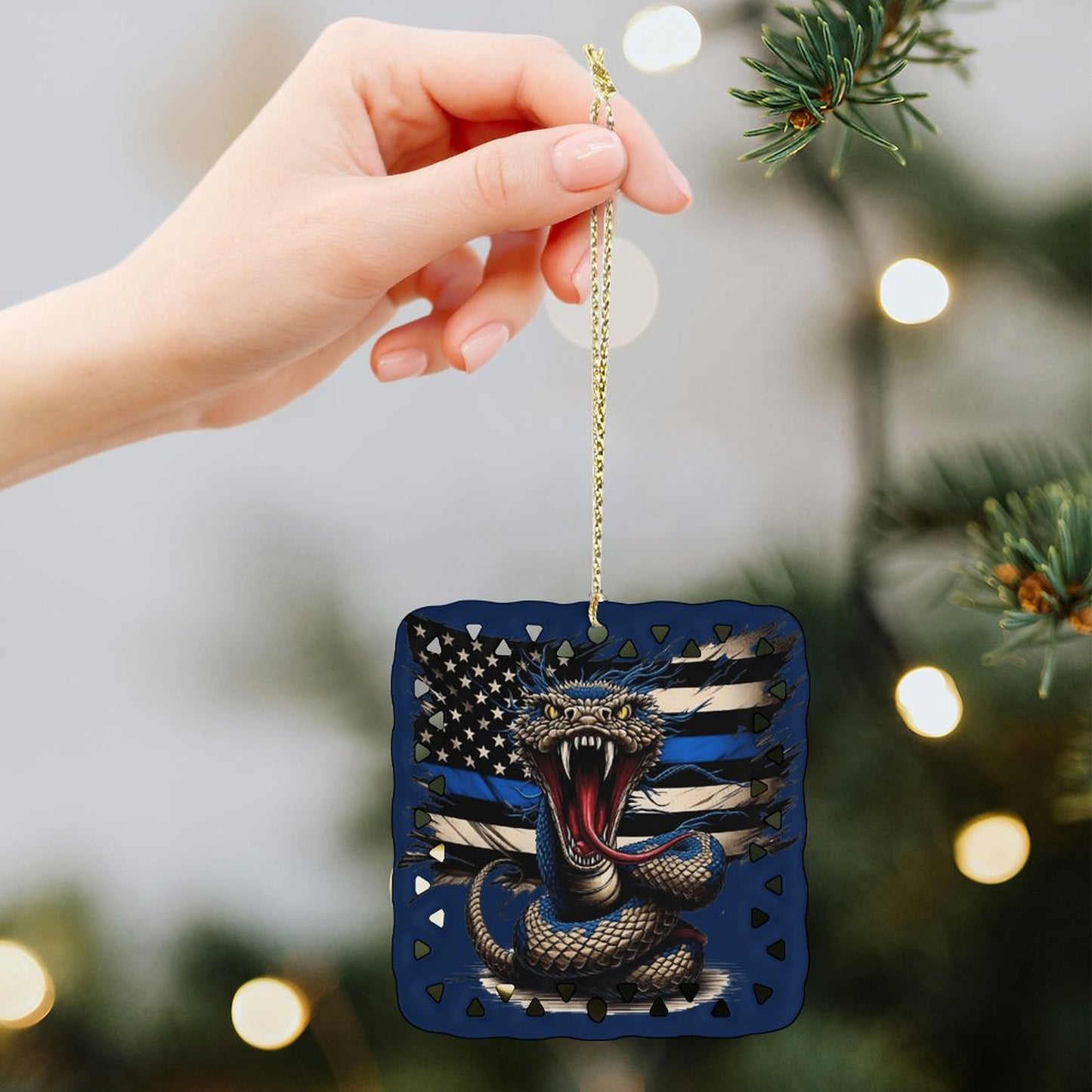 Thin Blue Line Flag Inspired Snake Square Ceramic Ornament Made in the USA