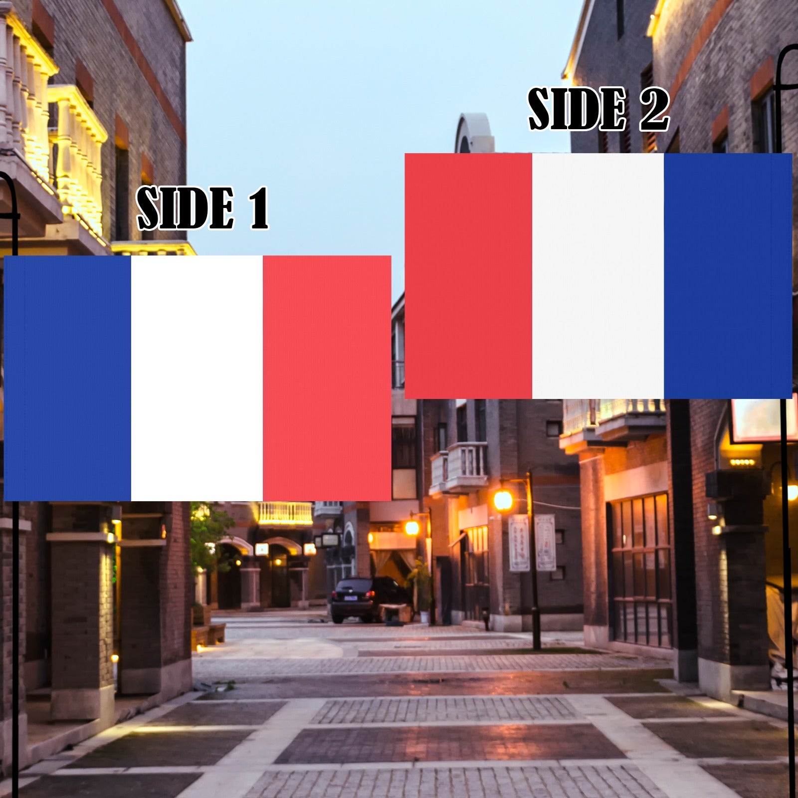 Two-sided French flag by Luv My Flag, street scene.