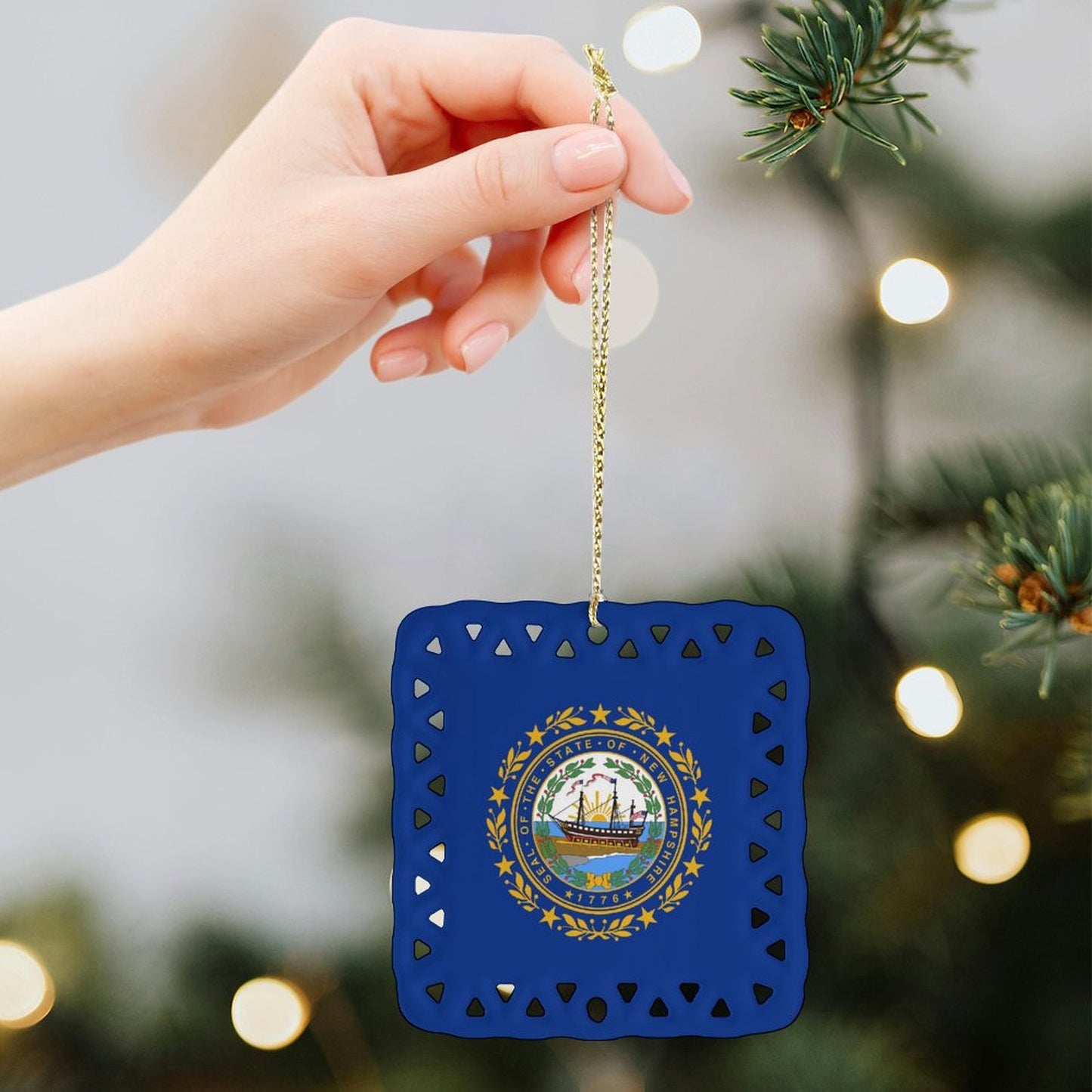 New Hampshire Flag Inspired Square Ceramic Ornament Made in the USA