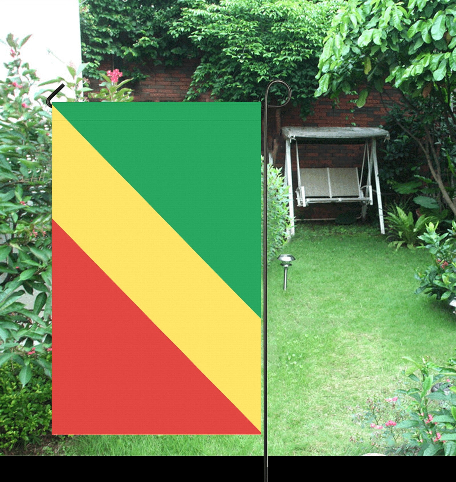 Luv My Flag garden flag with green, yellow, red stripes.