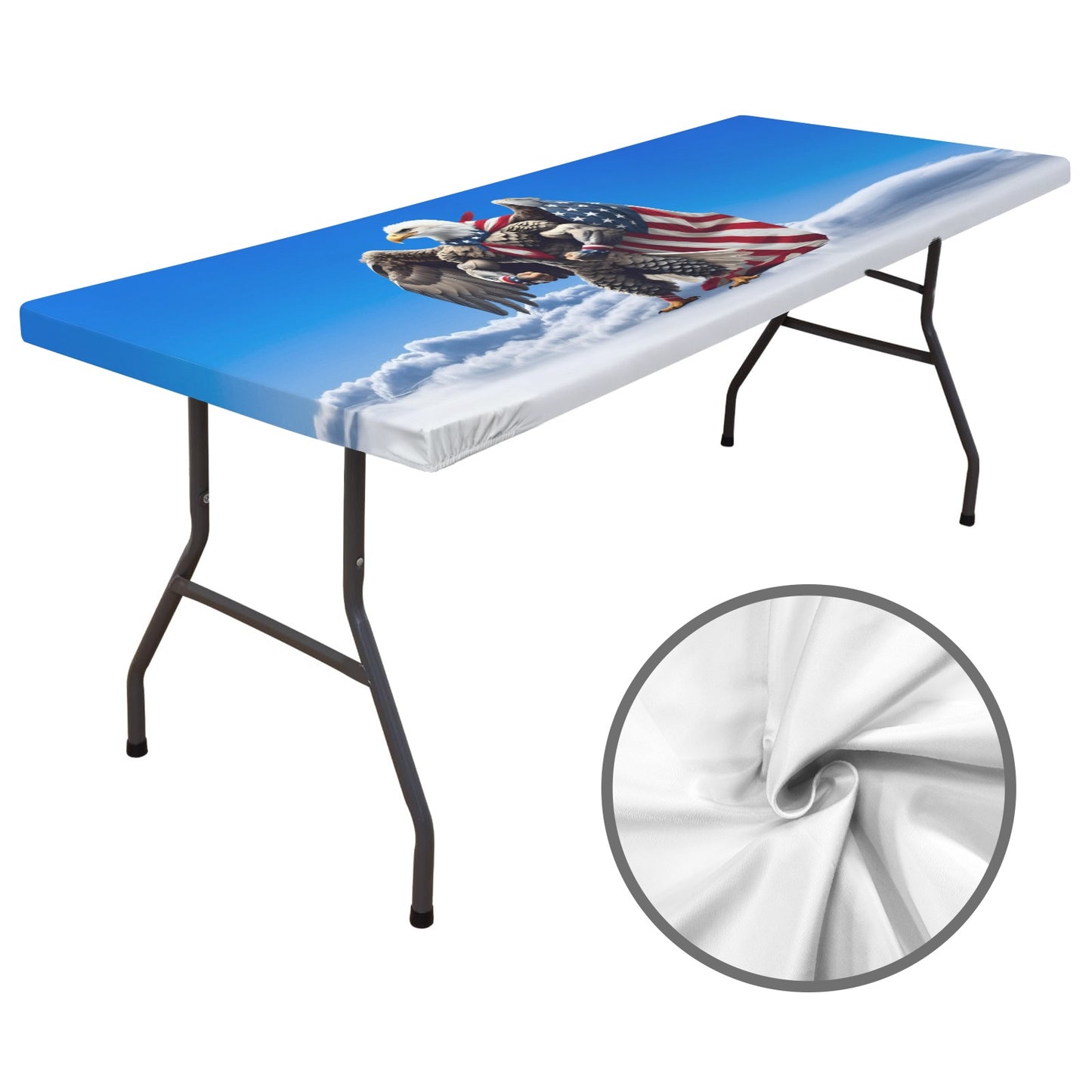 USA/American Flag Inspired Eagle with Cape in Clouds Custom Elastic Fitted Tablecloth 72x30 inch (Made in the USA)