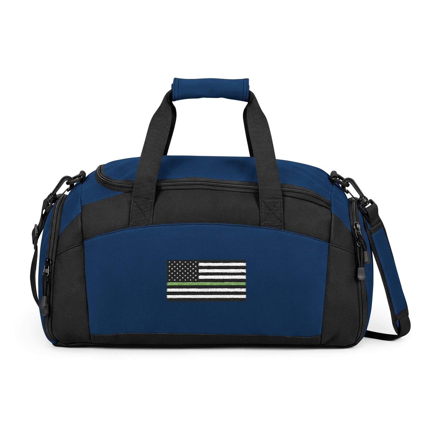 Thin Green Line Flag Gym Bag — Black Duffle with Embroidered Thin Green Line Flag