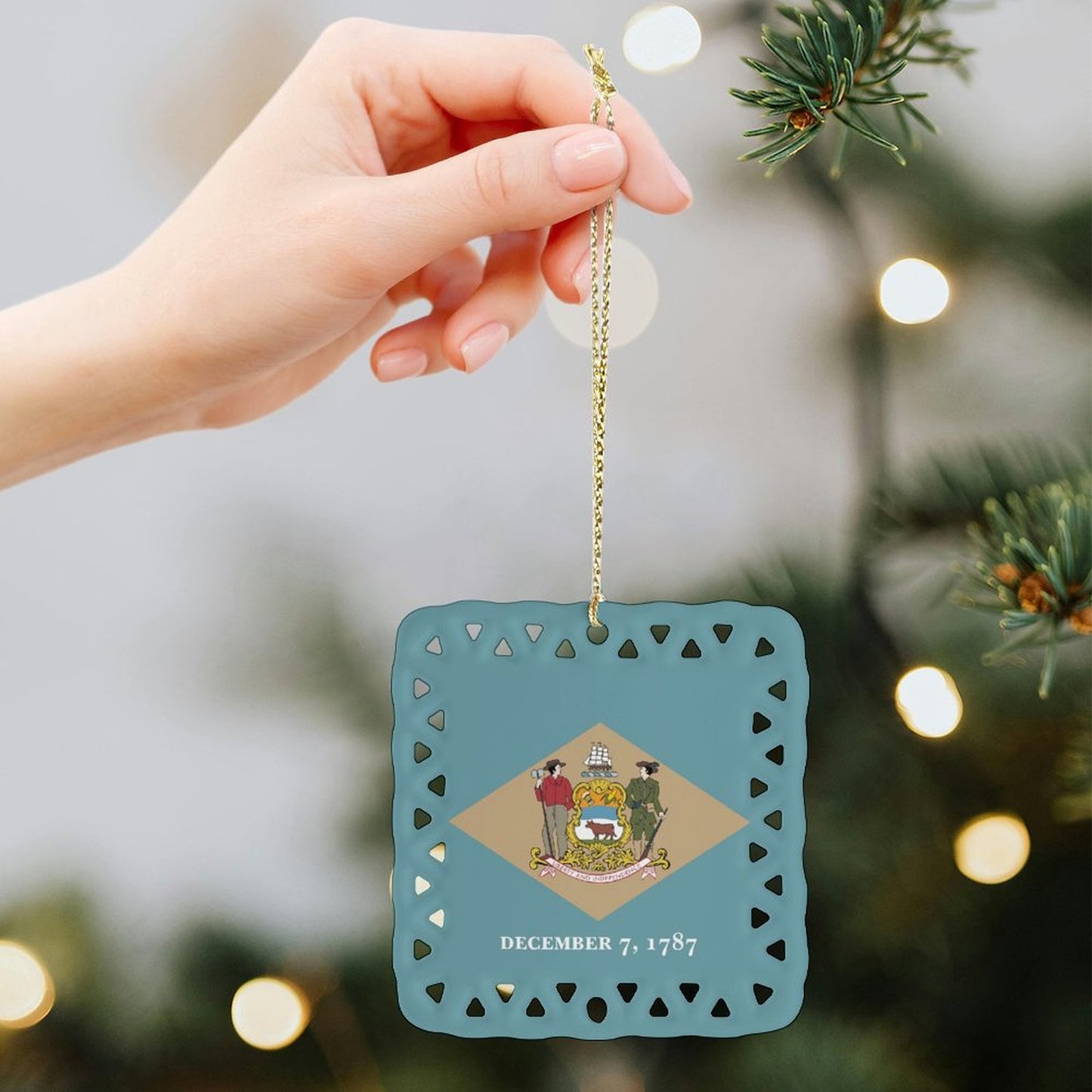 Delaware Flag Inspired Square Ceramic Ornament Made in the USA