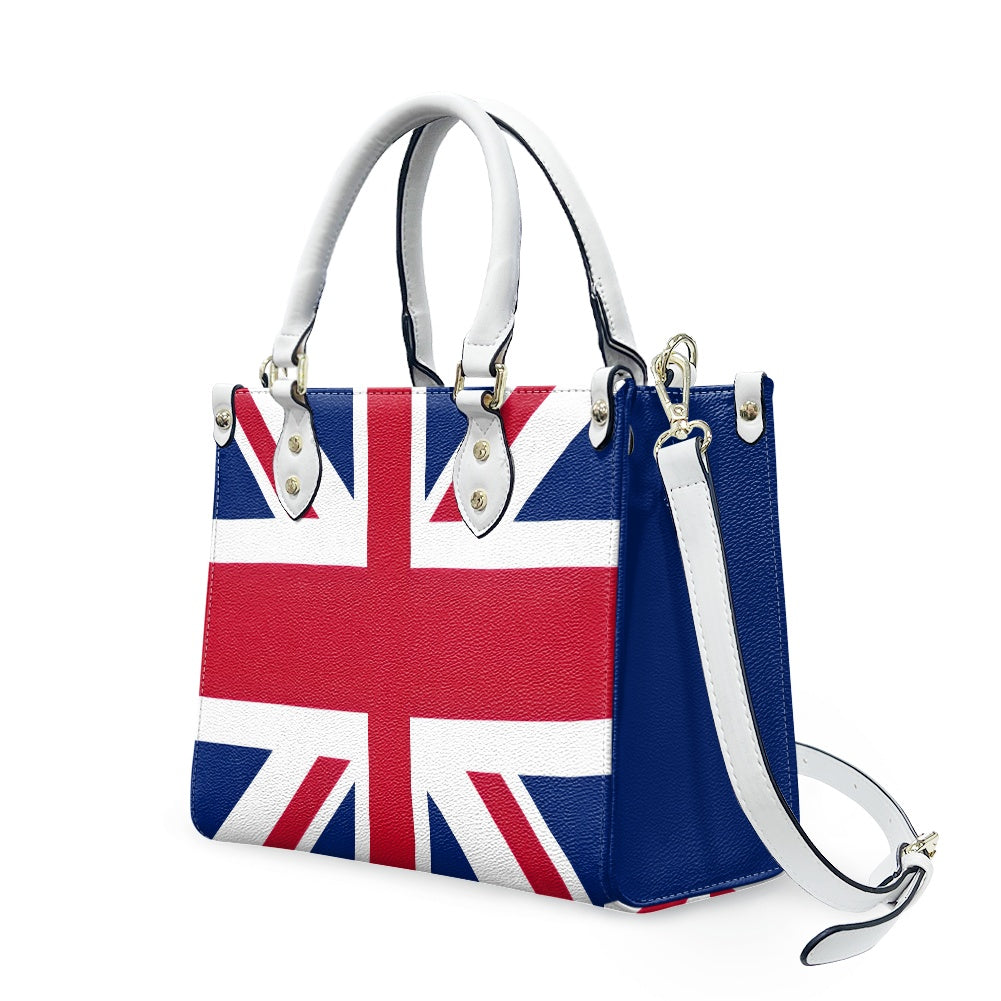 [Brand] handbag featuring a Union Jack design, white handles.
