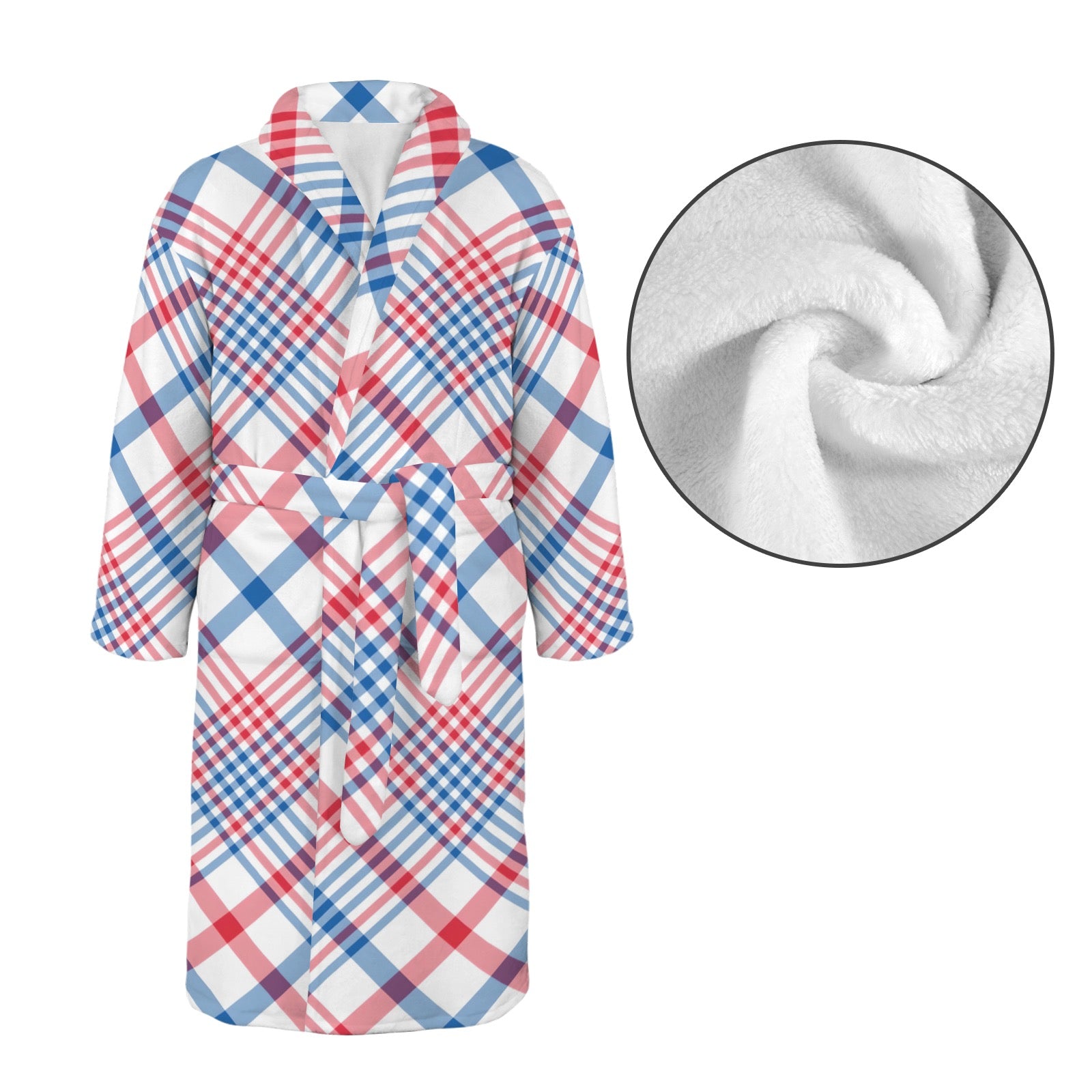 [Brand] plaid bathrobe in red, blue, white pattern detail.