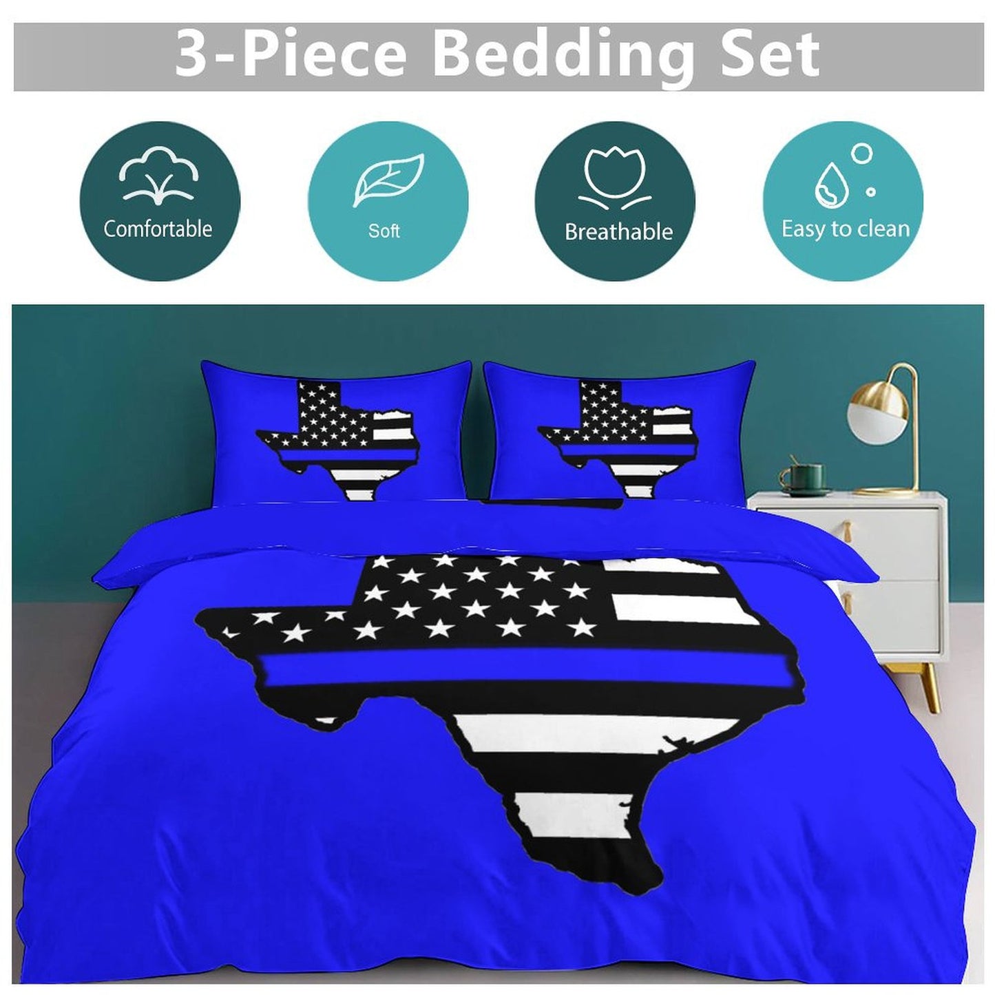 Thin Blue Line Flag Inspired Texas State Shape 3-Piece Bedding Set (1 Duvet Cover + 2 Pillow Shams) – 102"×90"