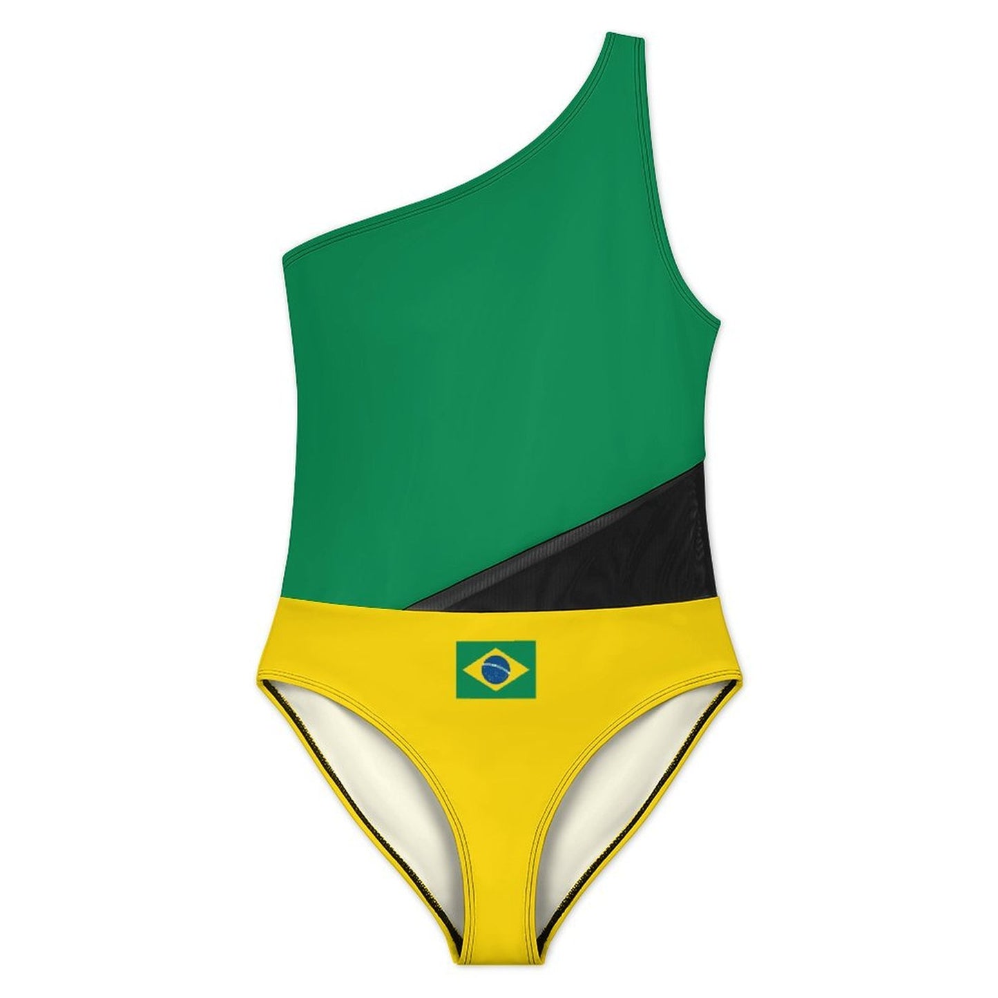 Brazil Flag Inspired Women’s One-Shoulder Mesh Swimsuit