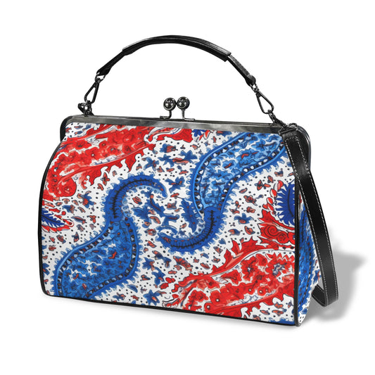 USA/American Flag Inspired Red White & Blue Floral Paisley Kisslock Crossbody Shoulder Bag-Large