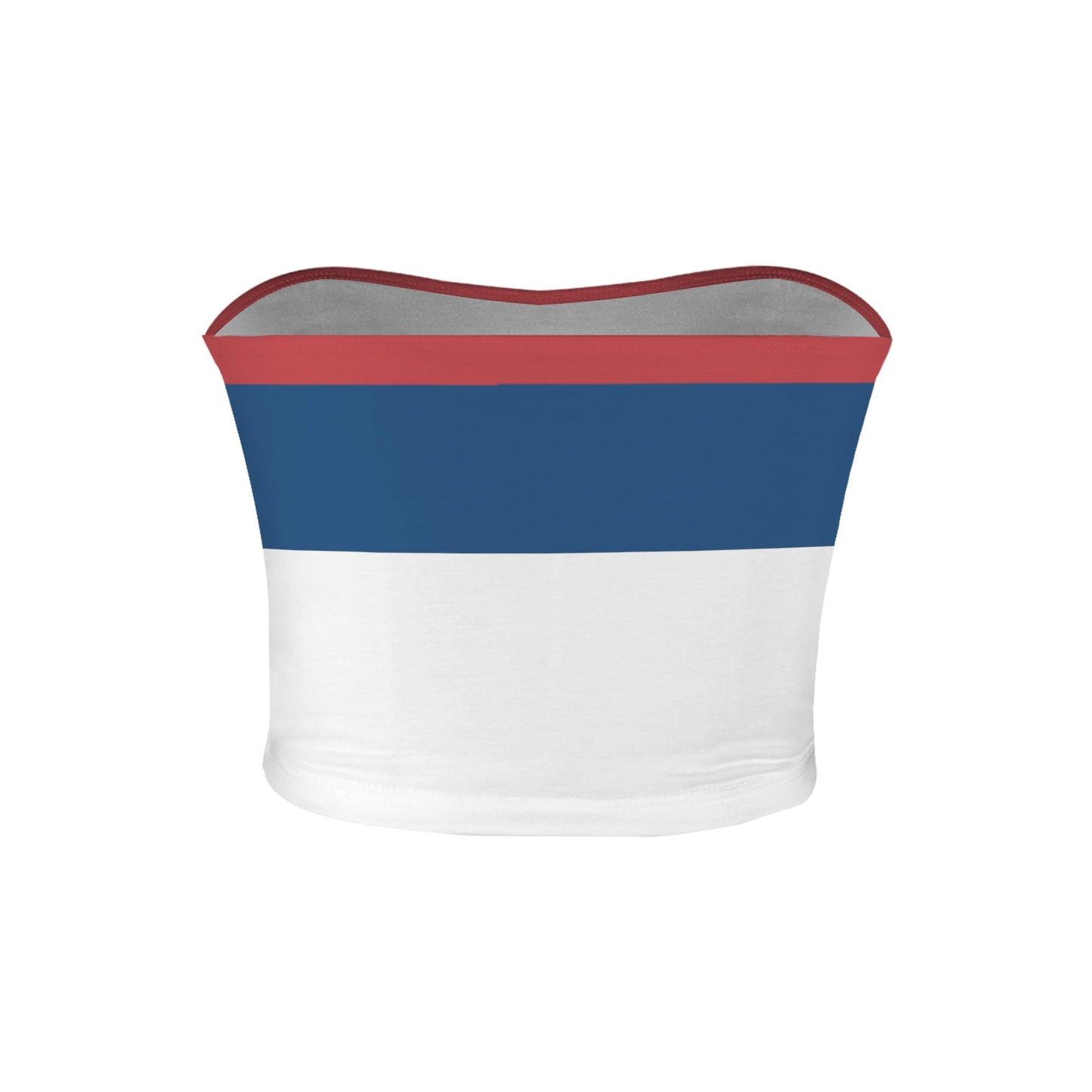 [Brand] strapless top with red, blue, and white stripes.