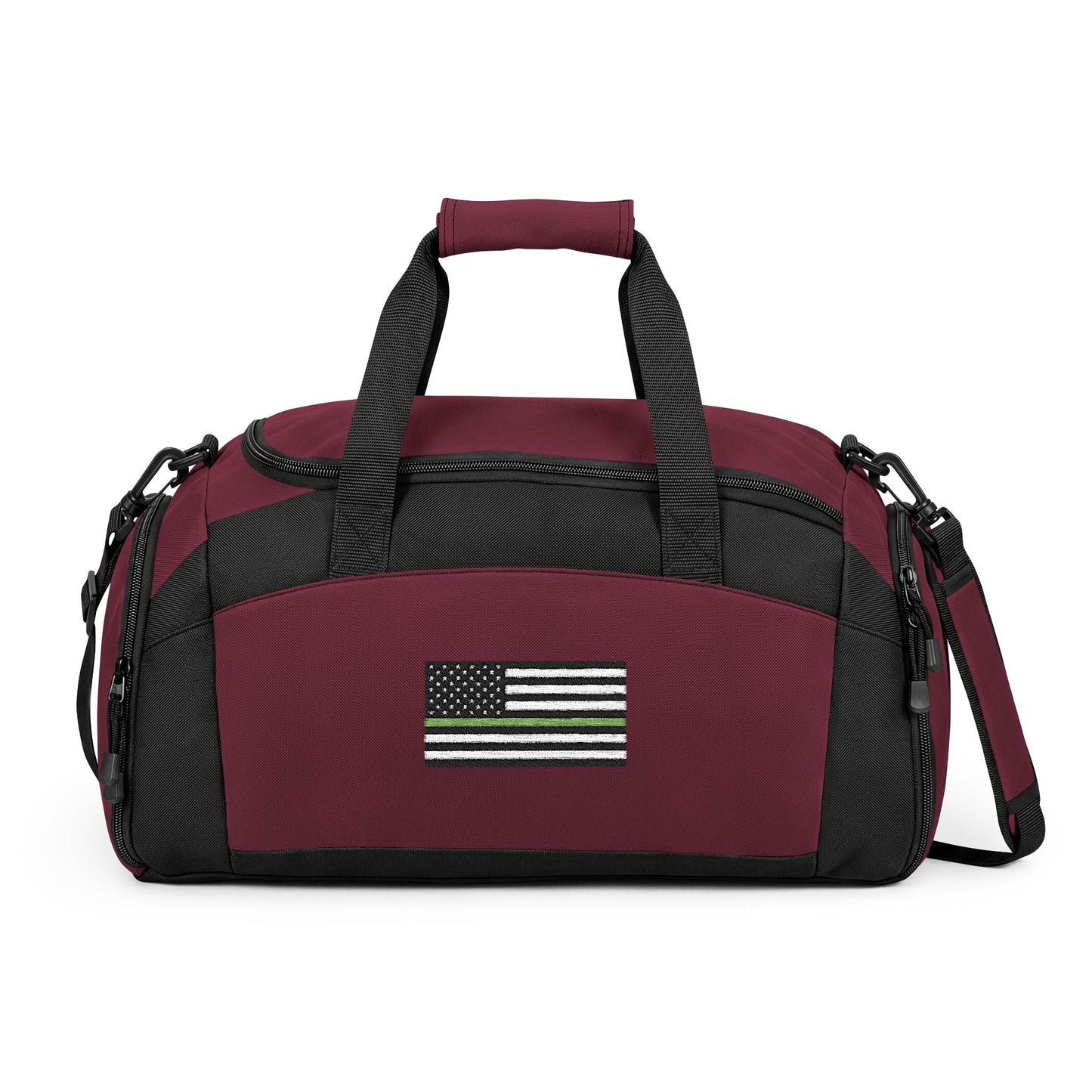 Thin Green Line Flag Gym Bag — Black Duffle with Embroidered Thin Green Line Flag