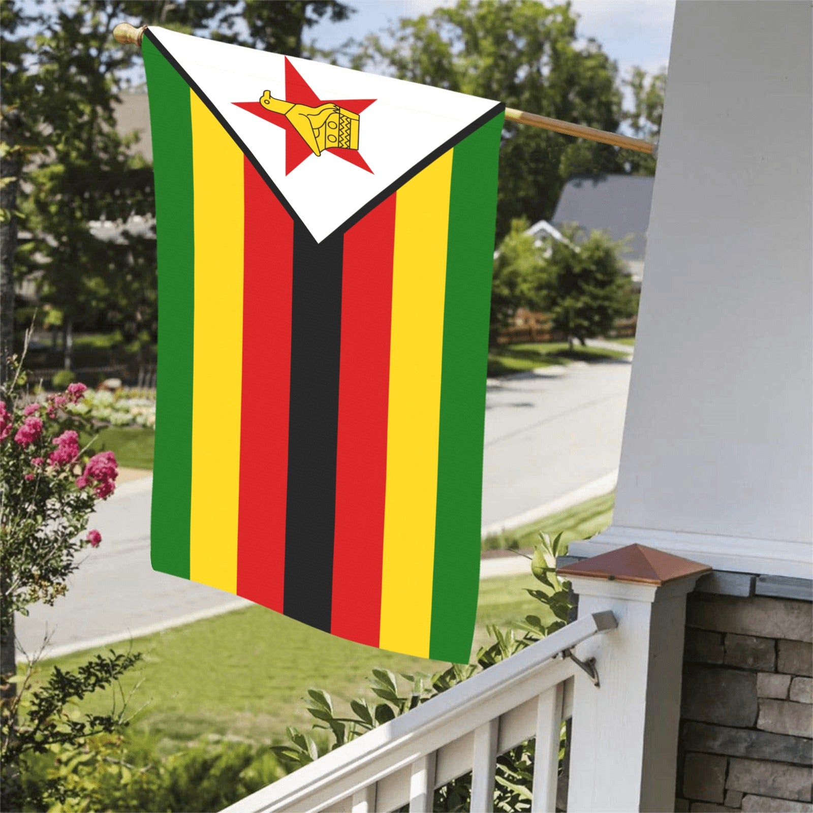 [Luv My Flag] Zimbabwean flag displayed on a sunny porch.
